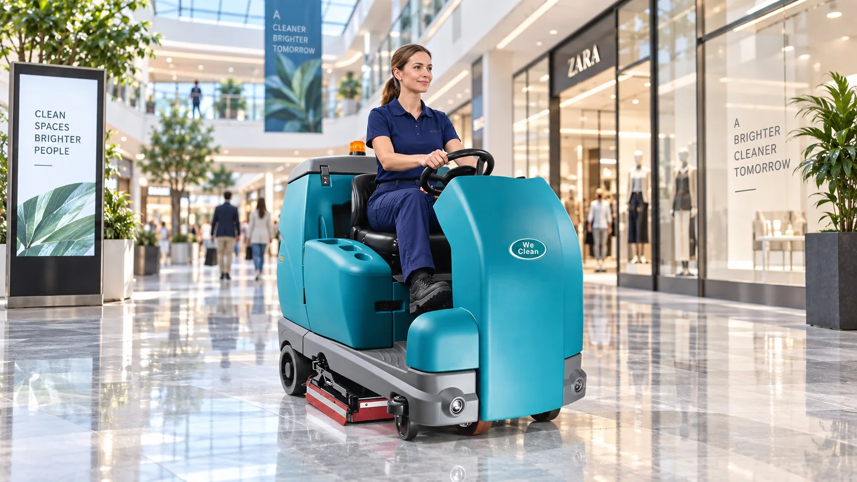 Ride-on floor scrubber cleaning a shopping mall corridor
