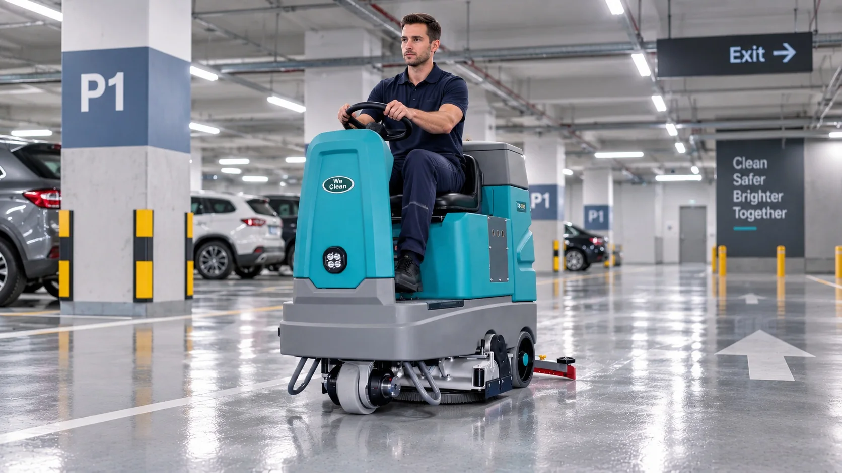 Ride-on floor scrubber cleaning a parking garage