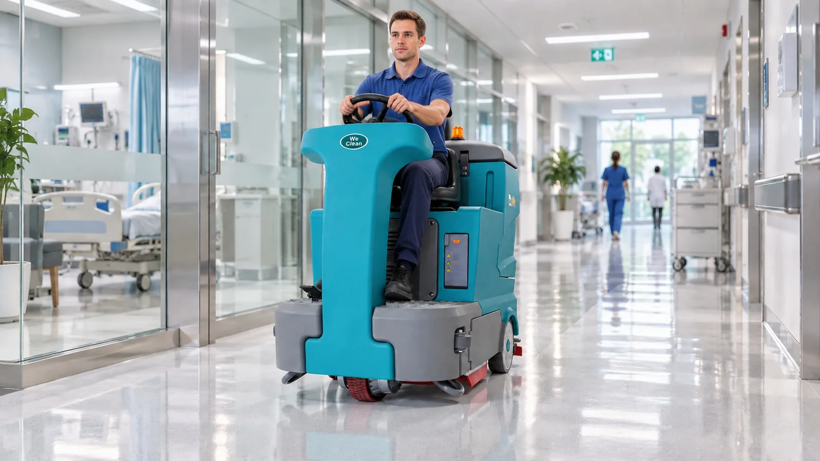 Ride-on floor scrubber used in a healthcare corridor