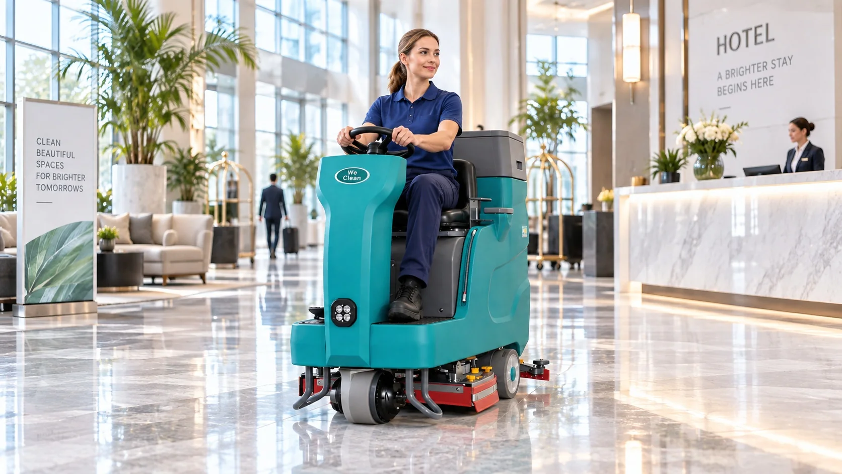Ride-on floor scrubber operated by a cleaner in a hotel lobby