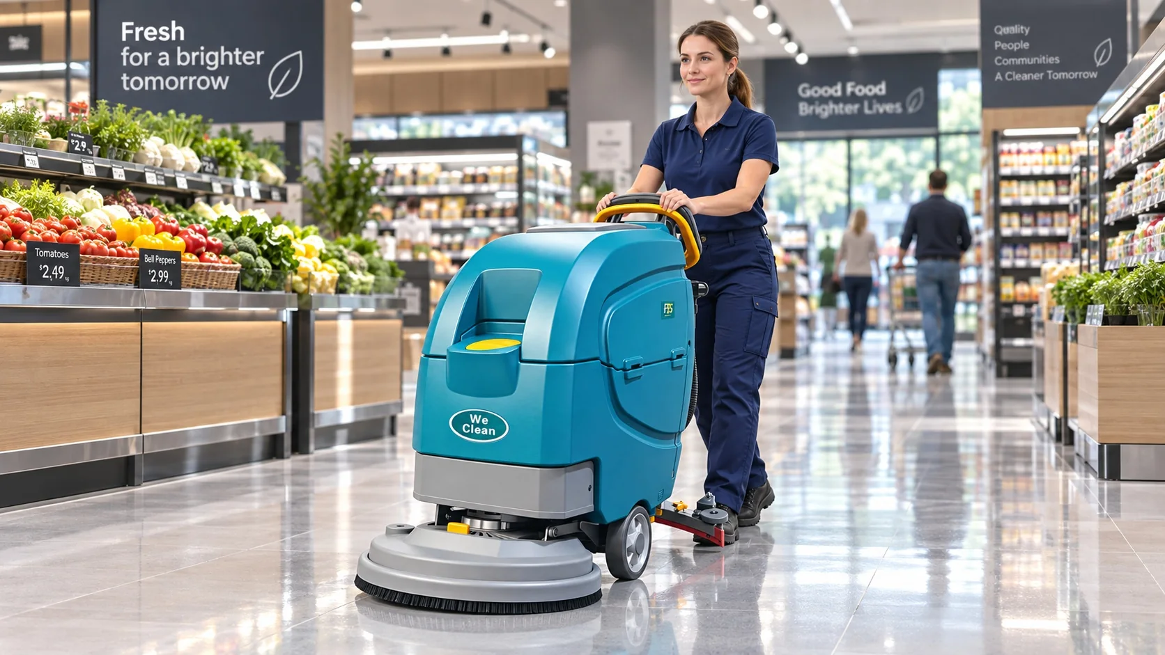 Walk-behind floor scrubber cleaning a supermarket aisle