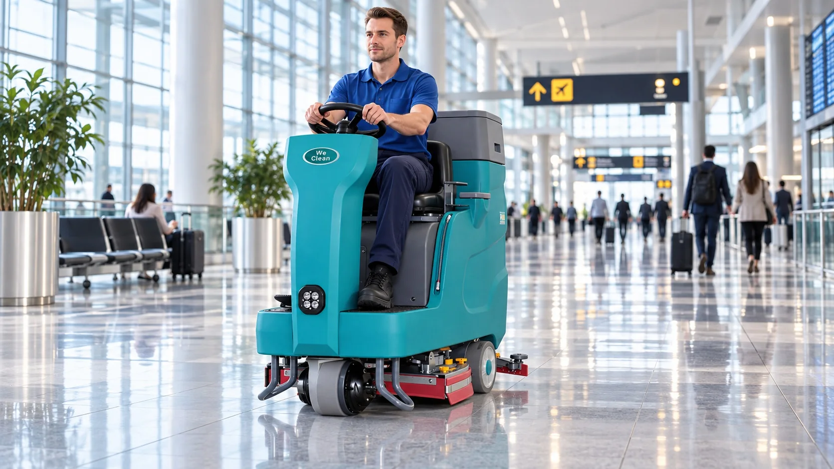 Ride-on floor scrubber cleaning an airport terminal