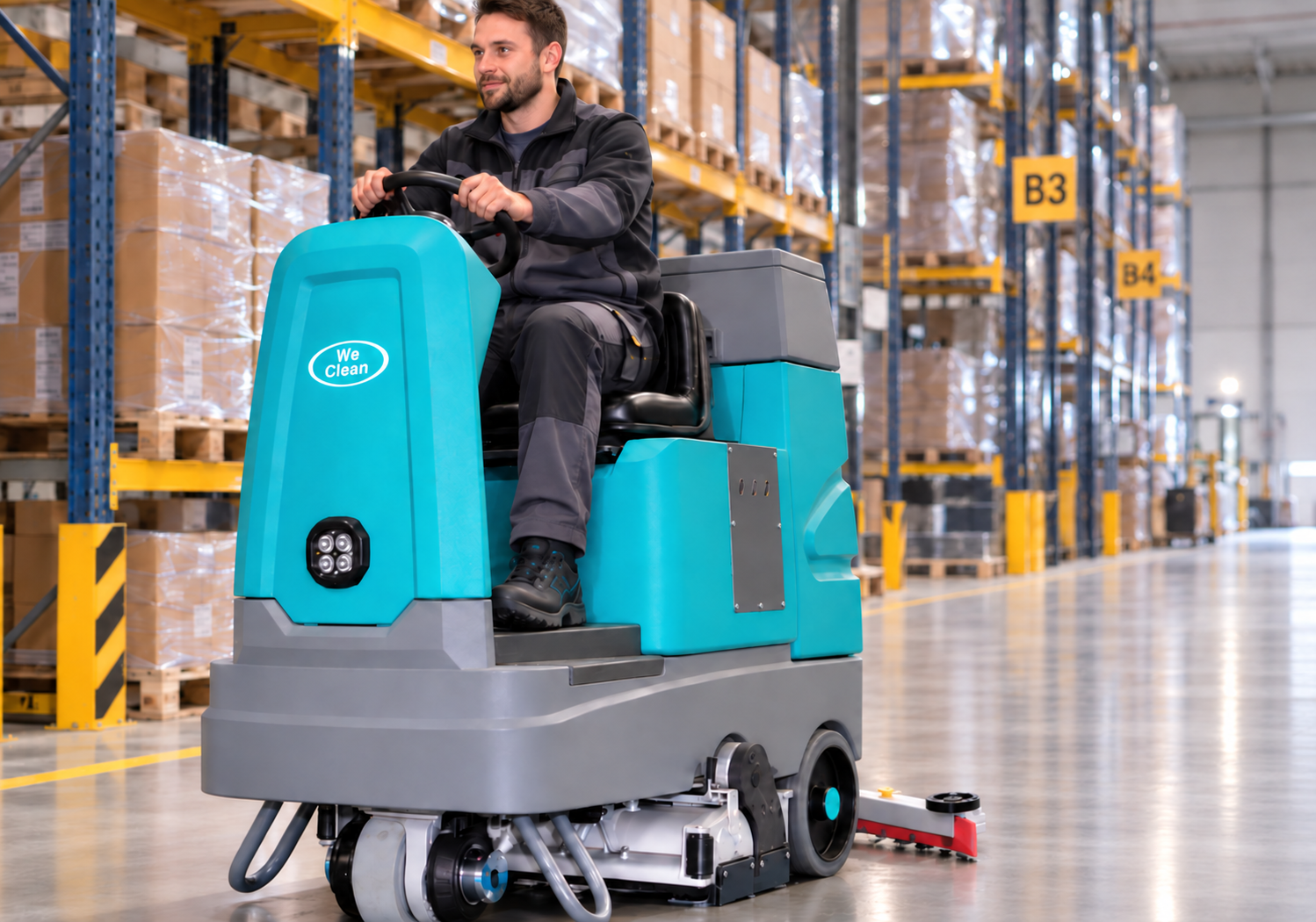 WeClean ride-on floor scrubber used by a German customer in a warehouse