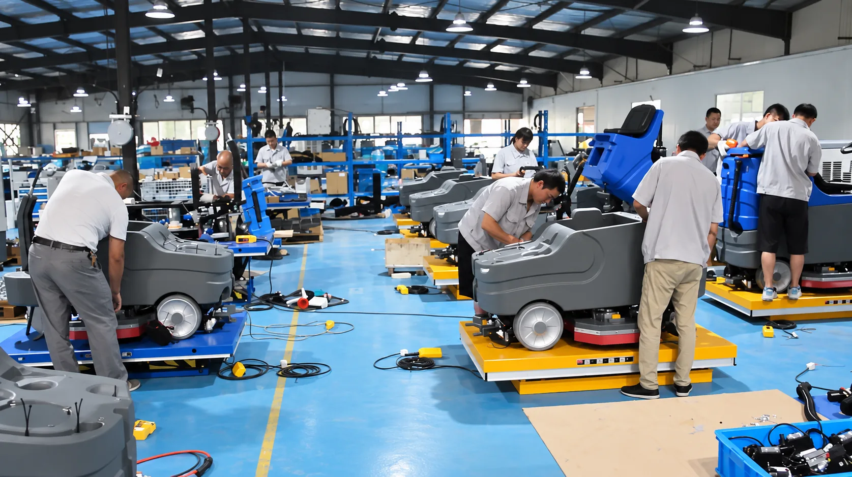 Factory workers assembling floor scrubber equipment on the production floor