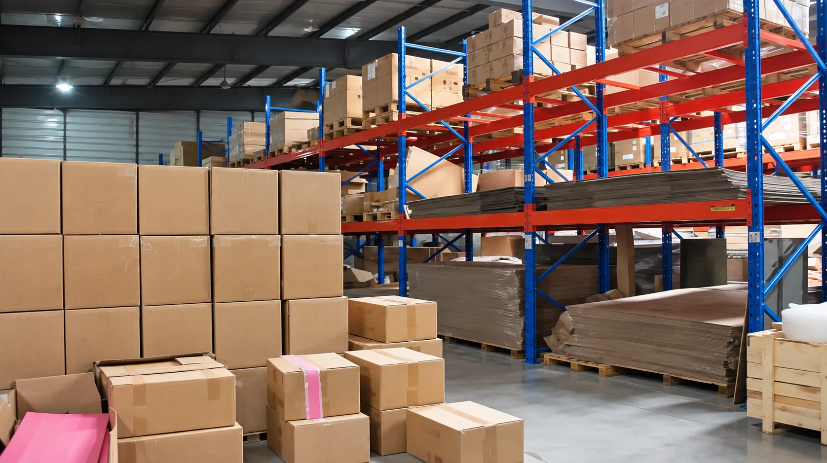 Packaging materials and cartons in the WeClean factory warehouse
